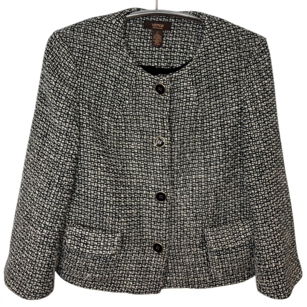 Victor Alfaro Black and White Tweed Front Button Up Blazer